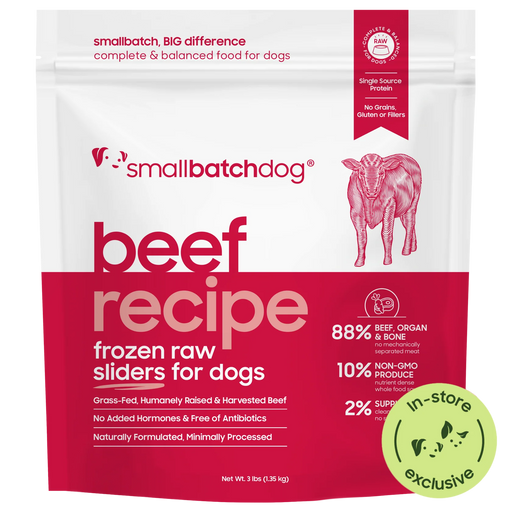 Smallbatch Dog Beef Recipe frozen raw sliders for dogs, 3 lb and 6 lb bag, 88% grass-fed beef, organ and bone. Sold at Jake's Pet Supply Boca Raton Lake Worth