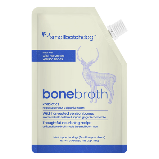 Smallbatch Dog wild-harvested venison bone broth meal topper for dogs, 16 fl oz pouch with prebiotics for gut health. Sold at Jake's Pet Supply Boca Raton Lake Worth