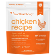 Smallbatch Dog Chicken Recipe freeze-dried sliders for dogs, 14 oz and 25 oz bag, 88% humanely raised chicken, organ and bone. Sold at Jake's Pet Supply Boca Raton Lake Worth