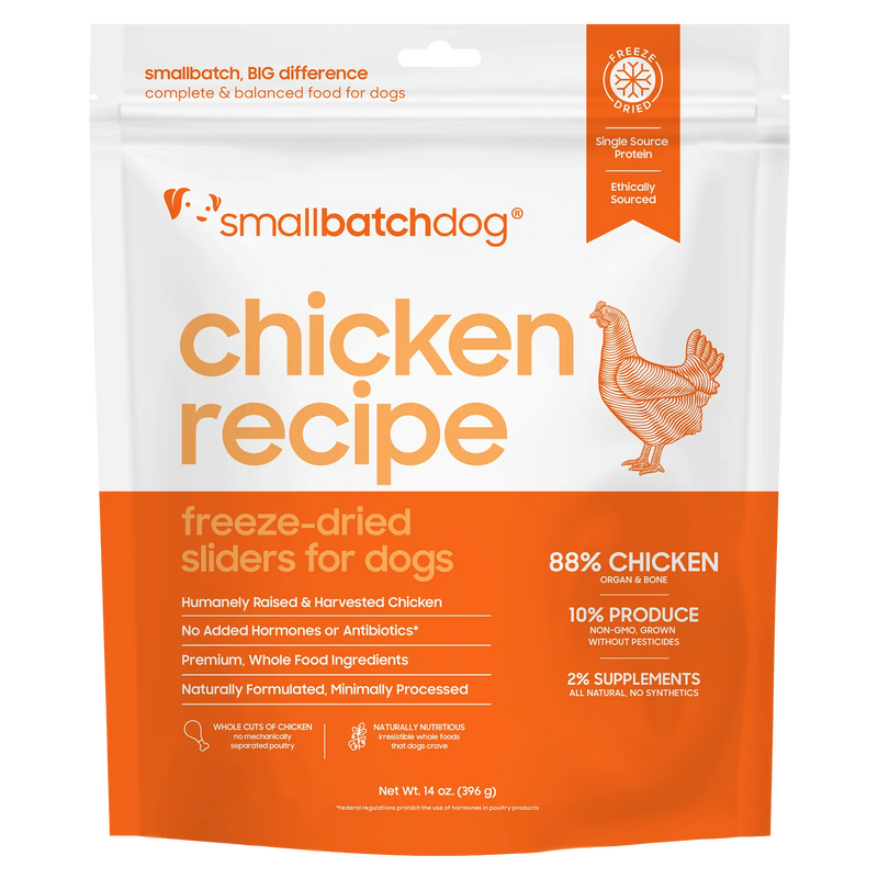 Smallbatch Dog Chicken Recipe freeze-dried sliders for dogs, 14 oz and 25 oz bag, 88% humanely raised chicken, organ and bone. Sold at Jake's Pet Supply Boca Raton Lake Worth