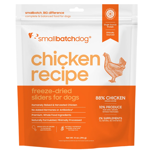 Smallbatch Dog Chicken Recipe freeze-dried sliders for dogs, 14 oz and 25 oz bag, 88% humanely raised chicken, organ and bone. Sold at Jake's Pet Supply Boca Raton Lake Worth