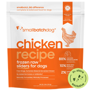 Smallbatch Dog Chicken Recipe frozen raw sliders for dogs, 3 lb and 6 lb bag, 88% free-range chicken, organ and bone. Sold at Jake's Pet Supply Boca Raton Lake Worth