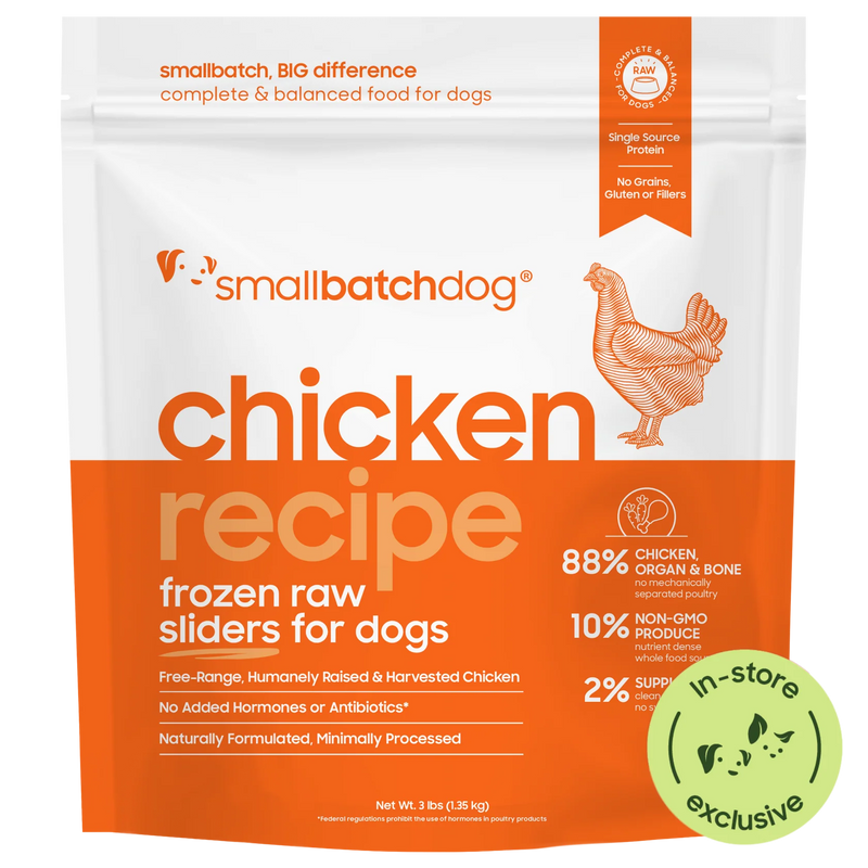 Smallbatch Dog Chicken Recipe frozen raw sliders for dogs, 3 lb and 6 lb bag, 88% free-range chicken, organ and bone. Sold at Jake's Pet Supply Boca Raton Lake Worth