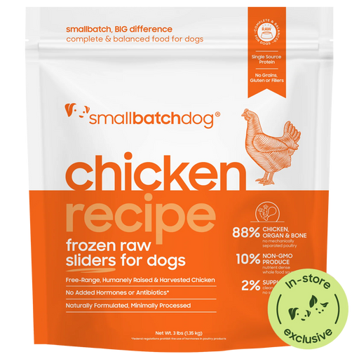 Smallbatch Dog Chicken Recipe frozen raw sliders for dogs, 3 lb and 6 lb bag, 88% free-range chicken, organ and bone. Sold at Jake's Pet Supply Boca Raton Lake Worth