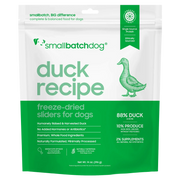 Smallbatch Dog Duck Recipe freeze-dried sliders for dogs, 14 oz 25 oz bag, 88% humanely raised duck and bone. Sold at Jake's Pet Supply Boca Raton Lake Worth