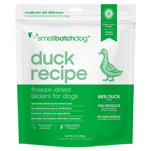 Smallbatch Dog Duck Recipe freeze-dried sliders for dogs, 14 oz 25 oz bag, 88% humanely raised duck and bone. Sold at Jake's Pet Supply Boca Raton Lake Worth