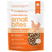 Smallbatch Dog freeze-dried raw Small Bites Chicken Recipe meal or topper, 7 oz and 20 oz bag, 88% free-range chicken, organ and bone. Sold at Jake's Pet Supply Boca Raton Lake Worth