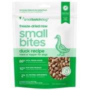 Smallbatch Dog freeze-dried raw Small Bites Duck Recipe meal or topper, 7 oz and 19 oz bag, 88% duck, organ and bone. Sold at Jake's Pet Supply Boca Raton Lake Worth