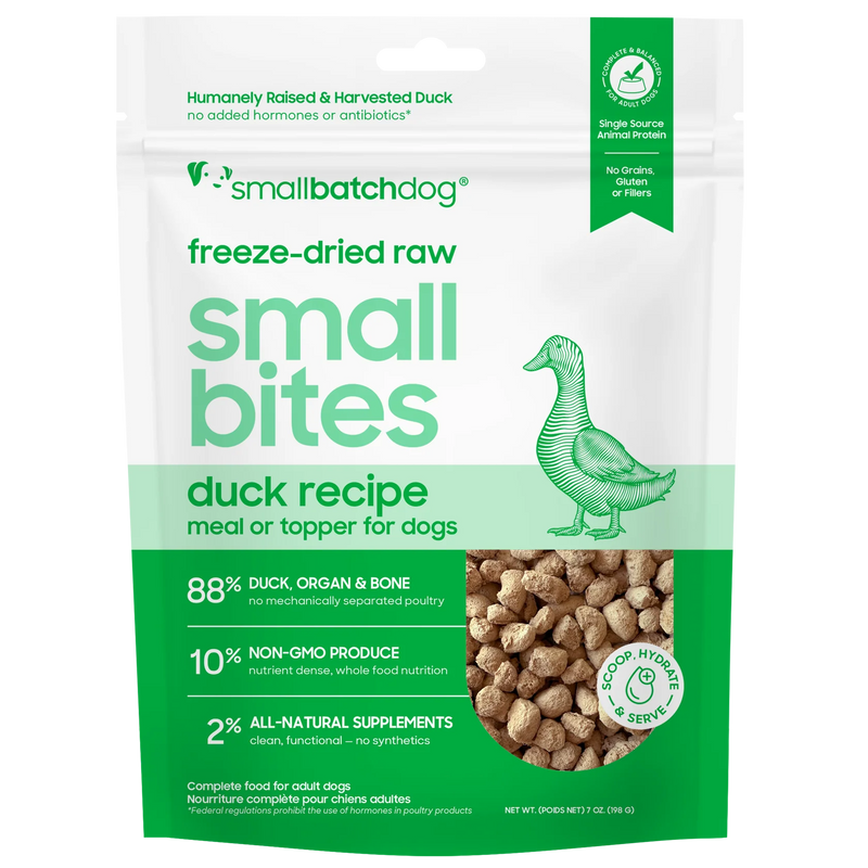 Smallbatch Dog freeze-dried raw Small Bites Duck Recipe meal or topper, 7 oz and 19 oz bag, 88% duck, organ and bone. Sold at Jake's Pet Supply Boca Raton Lake Worth