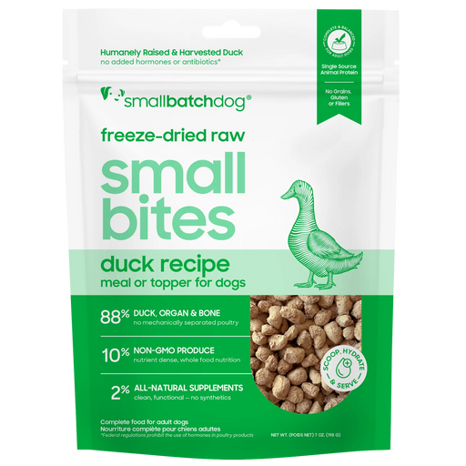 Smallbatch Dog freeze-dried raw Small Bites Duck Recipe meal or topper, 7 oz and 19 oz bag, 88% duck, organ and bone. Sold at Jake's Pet Supply Boca Raton Lake Worth