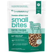Smallbatch Dog freeze-dried raw Small Bites Lamb Recipe meal or topper, 7 oz and 19 oz bag, 82% grass-fed lamb, organ and bone. Sold at Jake's Pet Supply Boca Raton Lake Worth