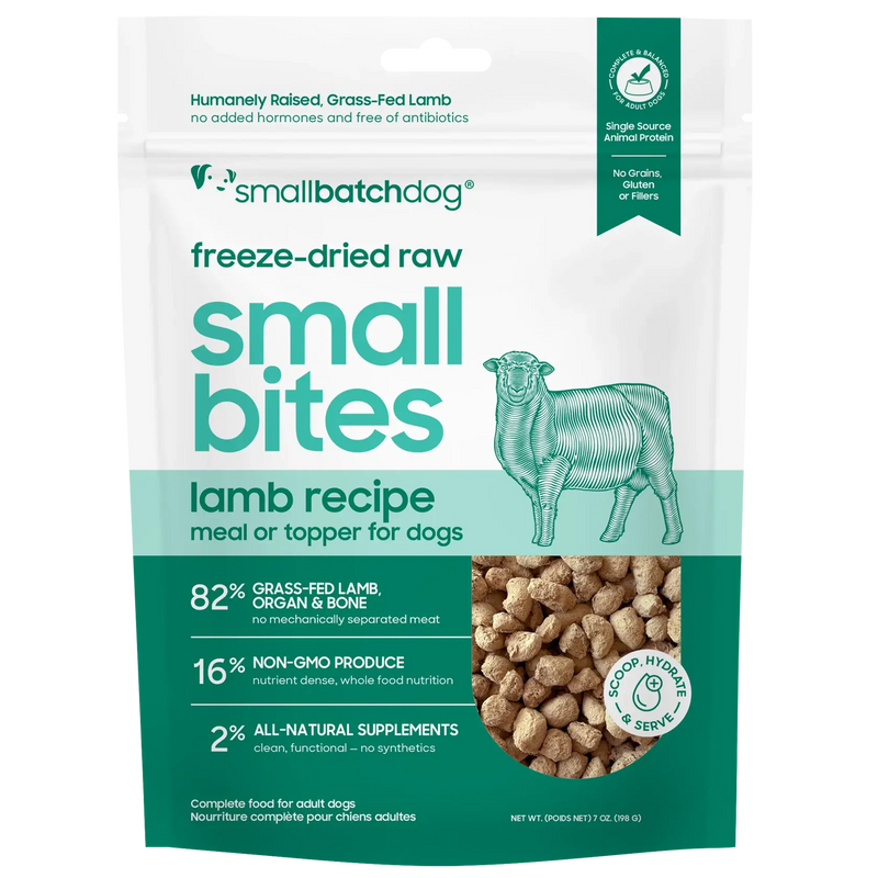 Smallbatch Dog freeze-dried raw Small Bites Lamb Recipe meal or topper, 7 oz and 19 oz bag, 82% grass-fed lamb, organ and bone. Sold at Jake's Pet Supply Boca Raton Lake Worth