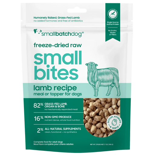 Smallbatch Dog freeze-dried raw Small Bites Lamb Recipe meal or topper, 7 oz and 19 oz bag, 82% grass-fed lamb, organ and bone. Sold at Jake's Pet Supply Boca Raton Lake Worth