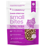Smallbatch Dog freeze-dried raw Small Bites Turkey Recipe meal or topper, 7 oz and 20 oz bag, 88% turkey, organ and bone. Sold at Jake's Pet Supply Boca Raton Lake Worth