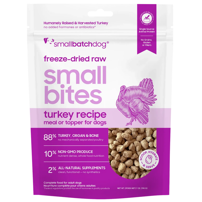 Smallbatch Dog freeze-dried raw Small Bites Turkey Recipe meal or topper, 7 oz and 20 oz bag, 88% turkey, organ and bone. Sold at Jake's Pet Supply Boca Raton Lake Worth