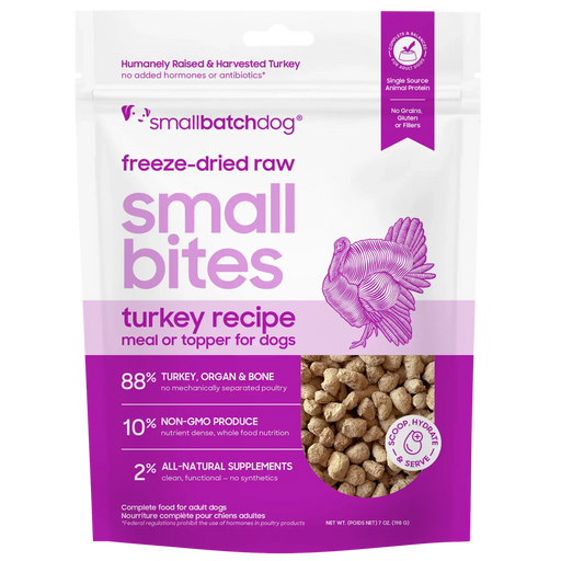 Smallbatch Dog freeze-dried raw Small Bites Turkey Recipe meal or topper, 7 oz and 20 oz bag, 88% turkey, organ and bone. Sold at Jake's Pet Supply Boca Raton Lake Worth