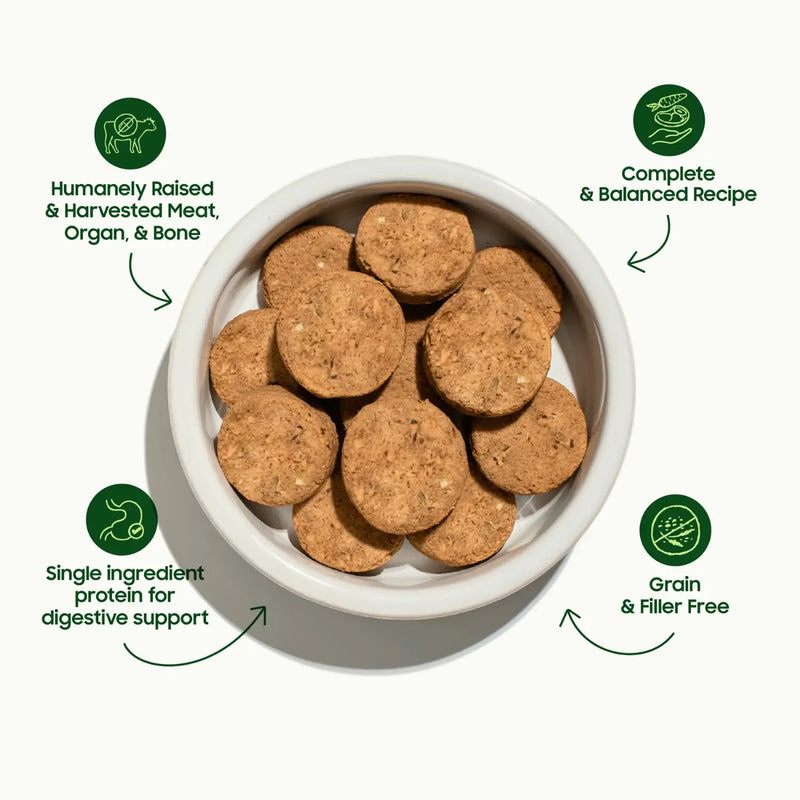 Smallbatch Dog freeze-dried sliders in a bowl, single-ingredient protein, grain and filler free. Sold at Jake's Pet Supply Boca Raton Lake Worth