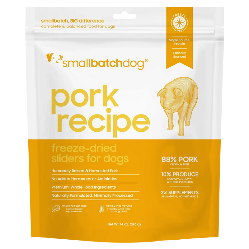 Smallbatch Dog freeze-dried sliders in a bowl, single-ingredient protein, grain and filler free. Sold at Jake's Pet Supply Boca Raton Lake Worth