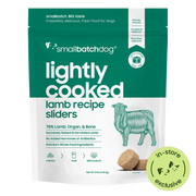 Smallbatch Dog Lightly Cooked Lamb Recipe sliders, 2 lb and 5 lb bag of fresh dog food, 78% lamb, organ and bone. Sold at Jake's Pet Supply Boca Raton Lake Worth