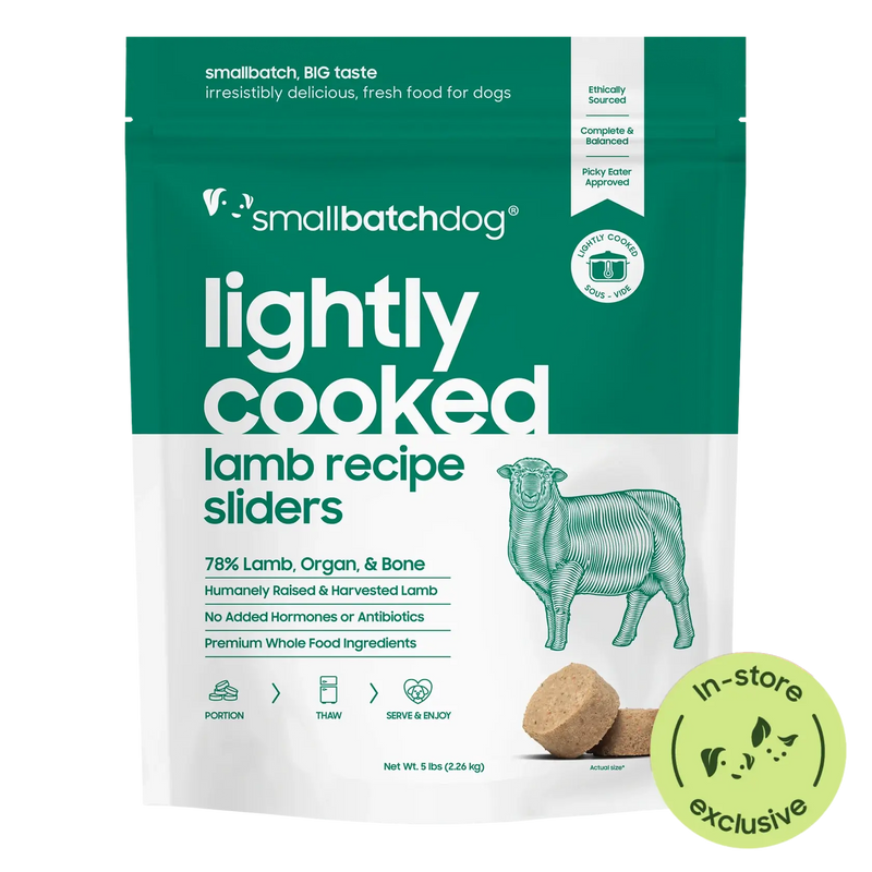 Smallbatch Dog Lightly Cooked Lamb Recipe sliders, 5 lb bag of fresh dog food, 78% lamb, organ and bone. Sold at Jake's Pet Supply Boca Raton Lake Worth