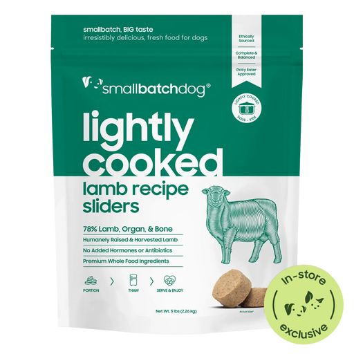 Smallbatch Dog Lightly Cooked Lamb Recipe sliders, 5 lb bag of fresh dog food, 78% lamb, organ and bone. Sold at Jake's Pet Supply Boca Raton Lake Worth