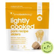 Smallbatch Dog Lightly Cooked Pork Recipe sliders, 2 lb and 5 lb bag of fresh dog food, 80% pork, organ and bone. Sold at Jake's Pet Supply Boca Raton Lake Worth