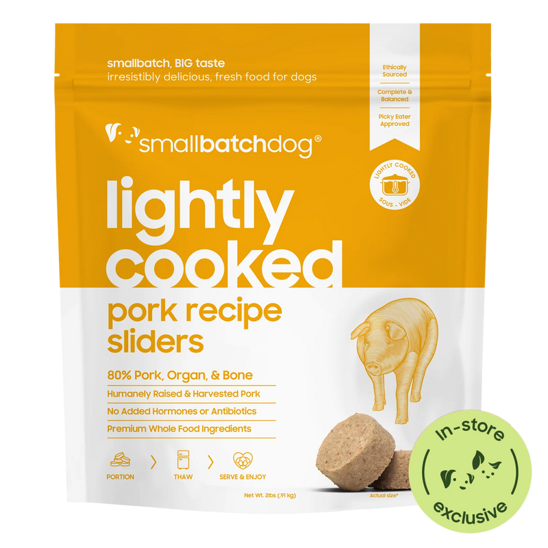 Smallbatch Dog Lightly Cooked Pork Recipe sliders, 2 lb and 5 lb bag of fresh dog food, 80% pork, organ and bone. Sold at Jake's Pet Supply Boca Raton Lake Worth
