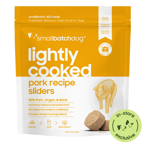 Smallbatch Dog Lightly Cooked Pork Recipe sliders, 2 lb and 5 lb bag of fresh dog food, 80% pork, organ and bone. Sold at Jake's Pet Supply Boca Raton Lake Worth