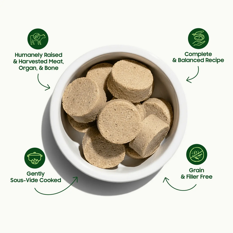 Smallbatch Dog lightly cooked sliders in a bowl, gently sous-vide cooked, grain and filler free. Sold at Jake's Pet Supply Boca Raton Lake Worth