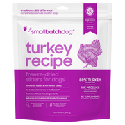 Smallbatch Dog Turkey Recipe freeze-dried sliders for dogs, 14 oz bag, 88% humanely raised turkey, organ and bone. Sold at Jake's Pet Supply Boca Raton Lake Worth