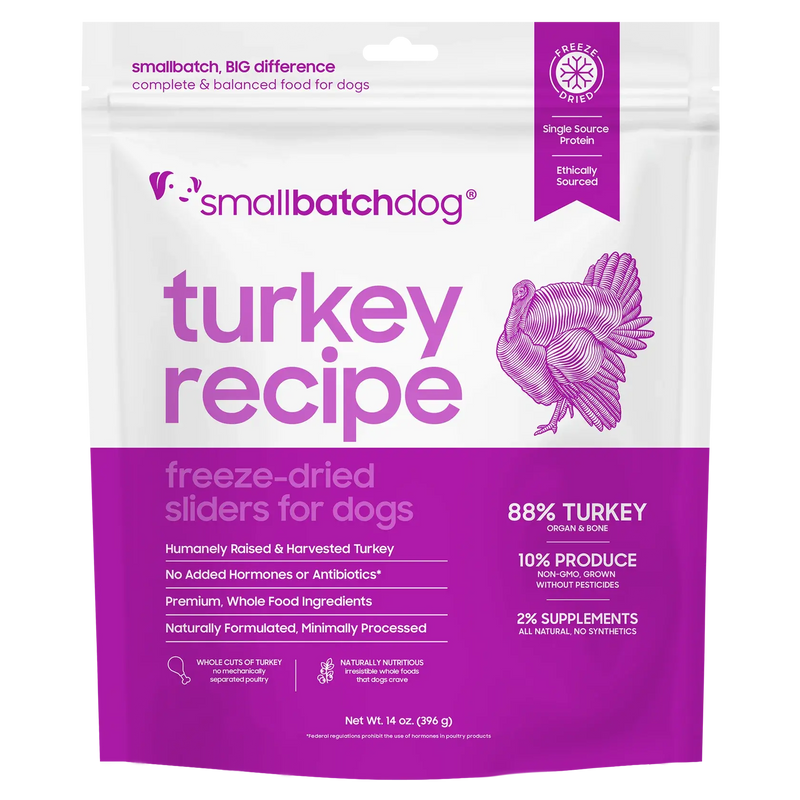 Smallbatch Dog Turkey Recipe freeze-dried sliders for dogs, 14 oz bag, 88% humanely raised turkey, organ and bone. Sold at Jake's Pet Supply Boca Raton Lake Worth