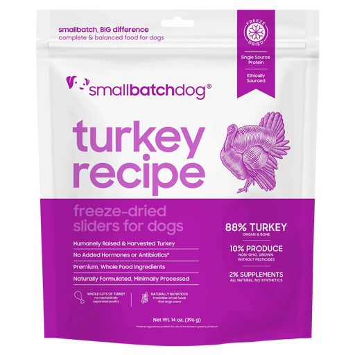 Smallbatch Dog Turkey Recipe freeze-dried sliders for dogs, 14 oz bag, 88% humanely raised turkey, organ and bone. Sold at Jake's Pet Supply Boca Raton Lake Worth