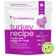 Smallbatch Dog Turkey Recipe frozen raw sliders for dogs, 3 lb and 6 lb bag, 88% turkey, organ and bone. Sold at Jake's Pet Supply Boca Raton Lake Worth