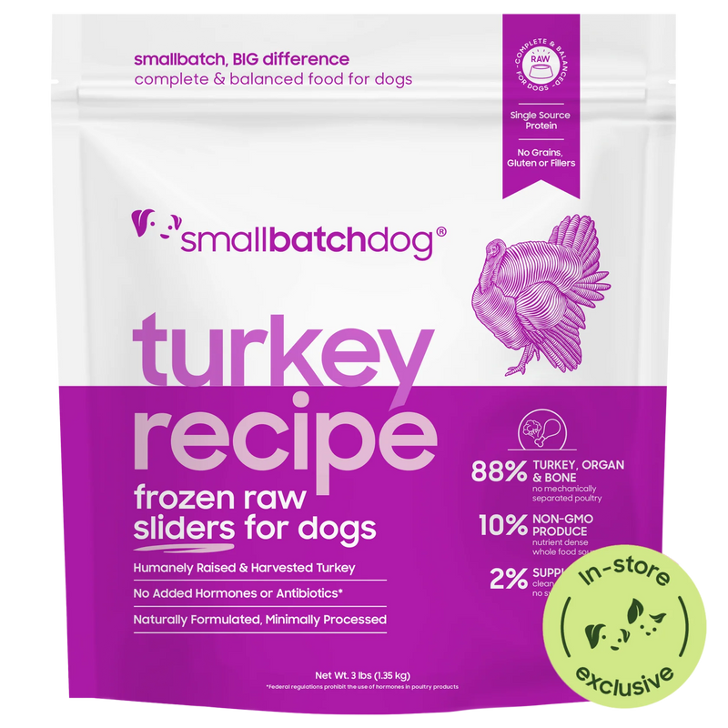 Smallbatch Dog Turkey Recipe frozen raw sliders for dogs, 3 lb and 6 lb bag, 88% turkey, organ and bone. Sold at Jake's Pet Supply Boca Raton Lake Worth