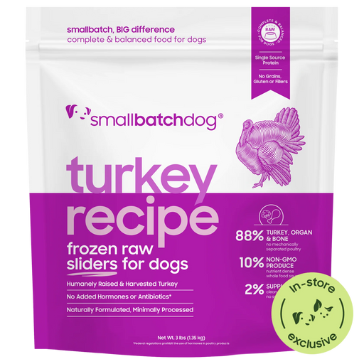 Smallbatch Dog Turkey Recipe frozen raw sliders for dogs, 3 lb and 6 lb bag, 88% turkey, organ and bone. Sold at Jake's Pet Supply Boca Raton Lake Worth