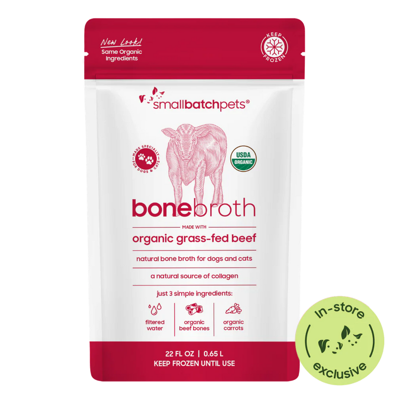 Smallbatch Pets organic grass-fed beef bone broth for dogs and cats, 22 fl oz pouch, natural source of collagen. Sold at Jake's Pet Supply Boca Raton Lake Worth