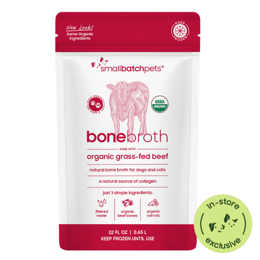 Smallbatch Pets organic grass-fed beef bone broth for dogs and cats, 22 fl oz pouch, natural source of collagen. Sold at Jake's Pet Supply Boca Raton Lake Worth