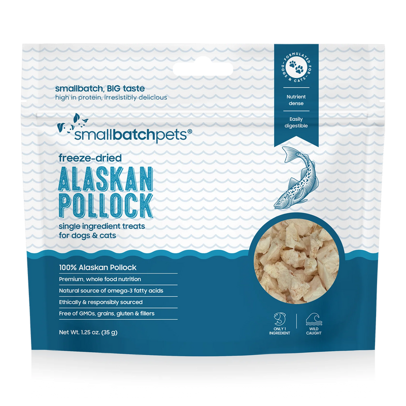 Smallbatch Pets freeze-dried Alaskan pollock single-ingredient treats for dogs and cats, 1.25 oz bag, 100% Alaskan pollock. Sold at Jake's Pet Supply Boca Raton Lake Worth