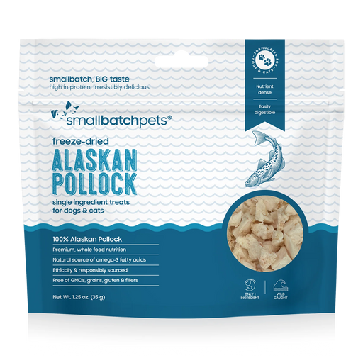 Smallbatch Pets freeze-dried Alaskan pollock single-ingredient treats for dogs and cats, 1.25 oz bag, 100% Alaskan pollock. Sold at Jake's Pet Supply Boca Raton Lake Worth