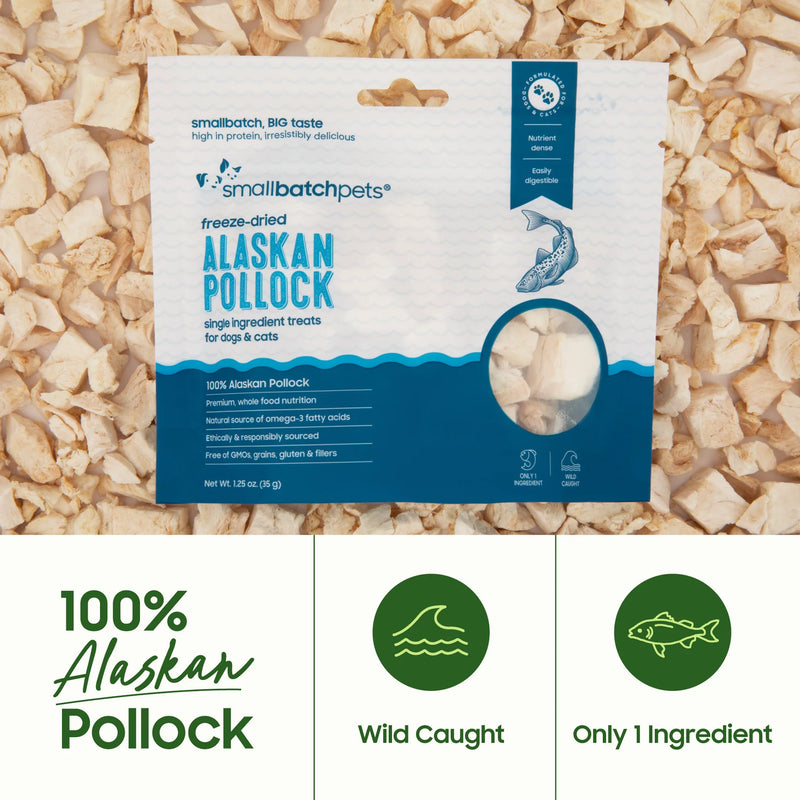 Smallbatch Pets freeze-dried Alaskan pollock treats, 100% wild-caught single ingredient for dogs and cats. Sold at Jake's Pet Supply Boca Raton Lake Worth