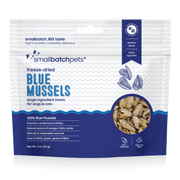 Smallbatch Pets freeze-dried blue mussels single-ingredient treats for dogs and cats, 2 oz bag, 100% blue mussels. Sold at Jake's Pet Supply Boca Raton Lake Worth
