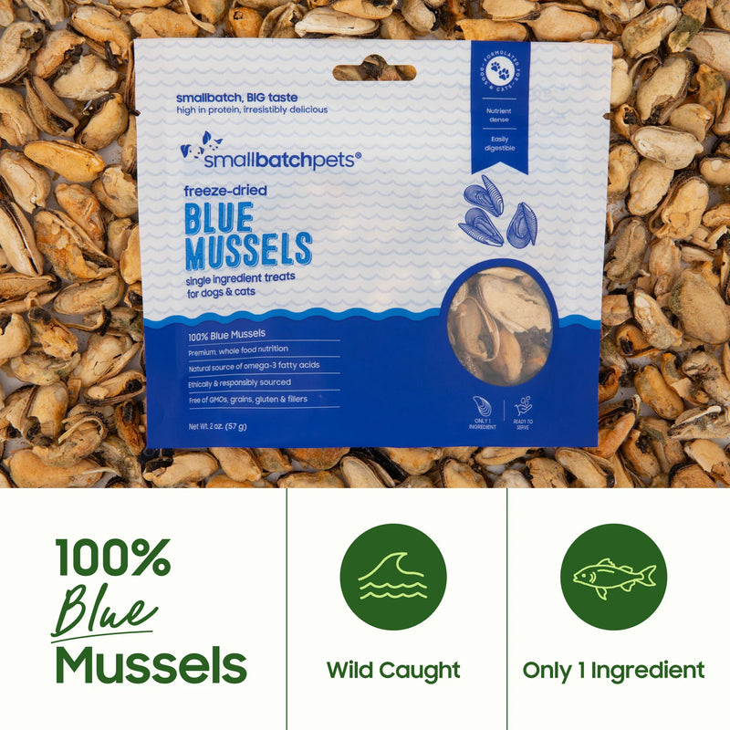 Smallbatch Pets freeze-dried blue mussels treats, 100% wild-caught single ingredient for dogs and cats. Sold at Jake's Pet Supply Boca Raton Lake Worth
