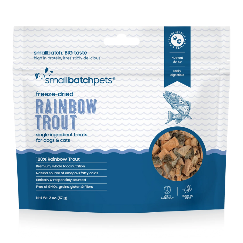 Smallbatch Pets freeze-dried rainbow trout single-ingredient treats for dogs and cats, 2 oz bag, 100% rainbow trout. Sold at Jake's Pet Supply Boca Raton Lake Worth