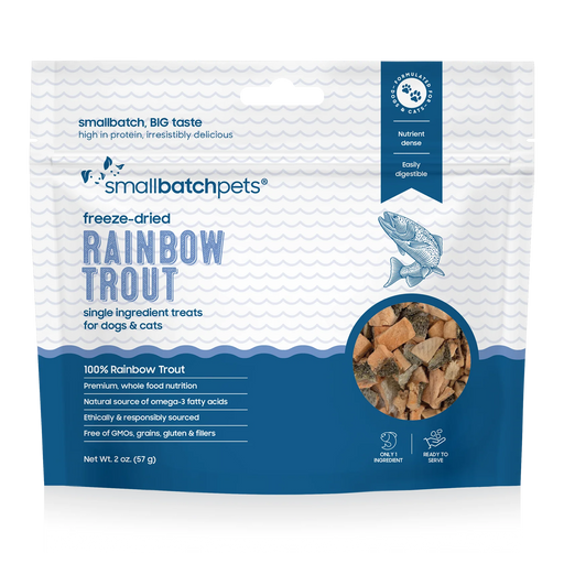 Smallbatch Pets freeze-dried rainbow trout single-ingredient treats for dogs and cats, 2 oz bag, 100% rainbow trout. Sold at Jake's Pet Supply Boca Raton Lake Worth