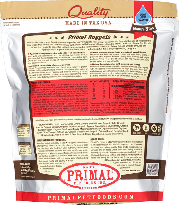 back of package for primal freeze dried lamb