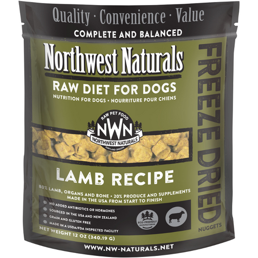 Hunter green and black bag of Northwest Naturals freeze-dried lamb nuggets.