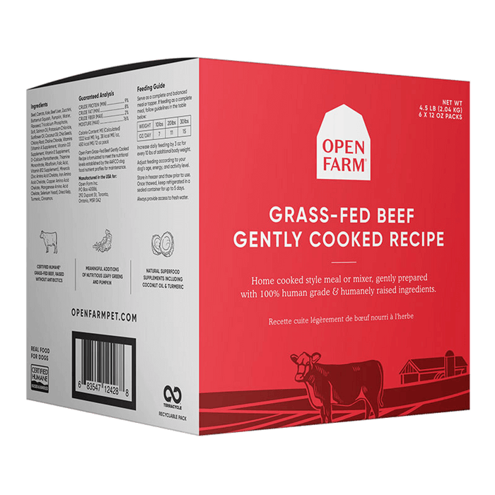 Red box of Open Farm gently cooked beef dog food.