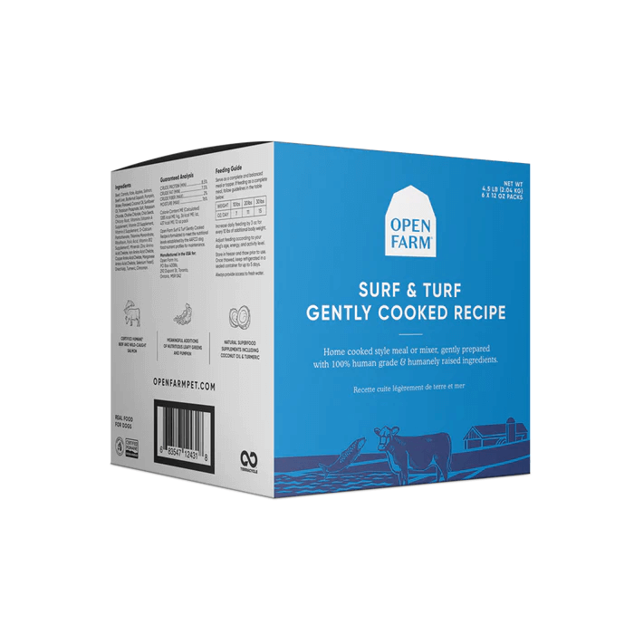 Blue box of Open Farm gently cooked surf and turf dog food. 