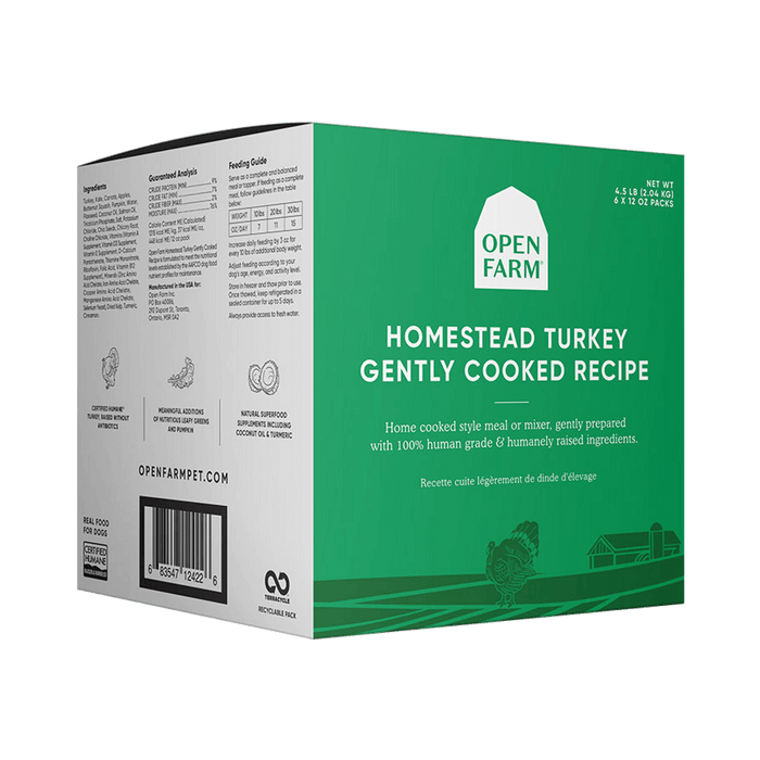 Green box of Open Farm frozen gently cooked turkey dog food. 