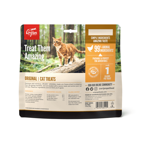 Back of the resealable bag of Orijen Freeze-Dried Original cat treats. 
